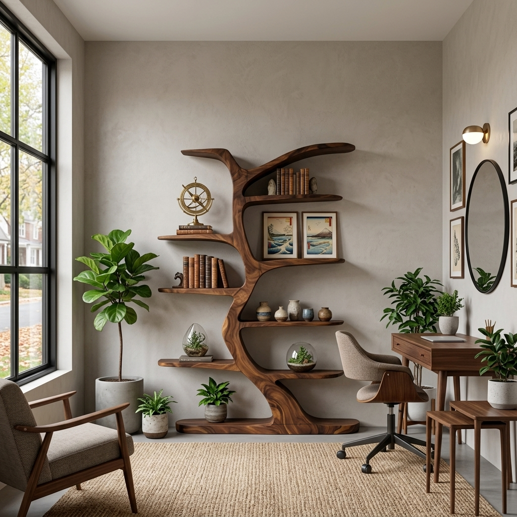 Modern Bookshelf Tree Inspired Curved Design For Living Room