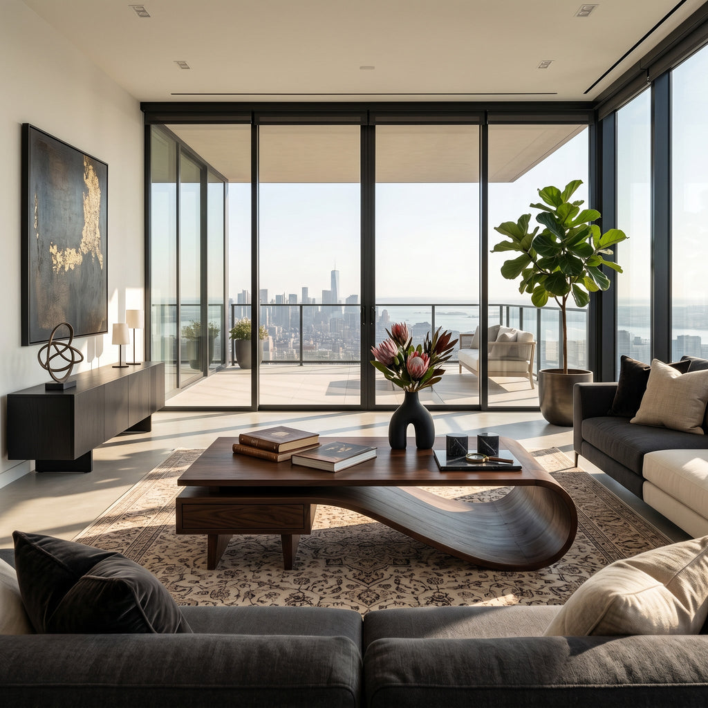 Modern Curved Coffee Table With Drawers For Living Room