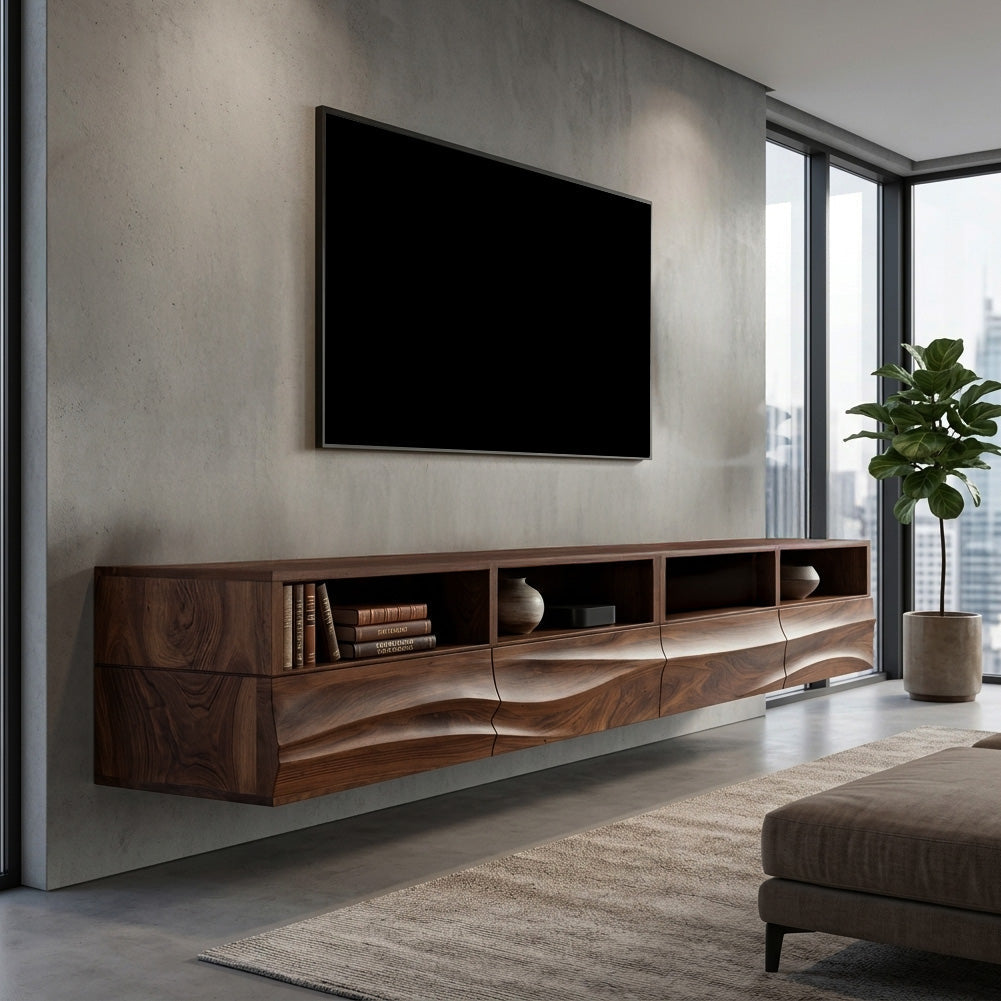 Floating Wave-Pattern TV Console For Holiday Decor