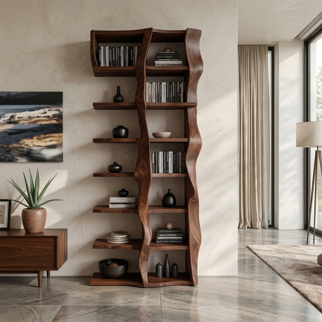 Sculptural Bookshelf With Flowing Wave Design For Living Room