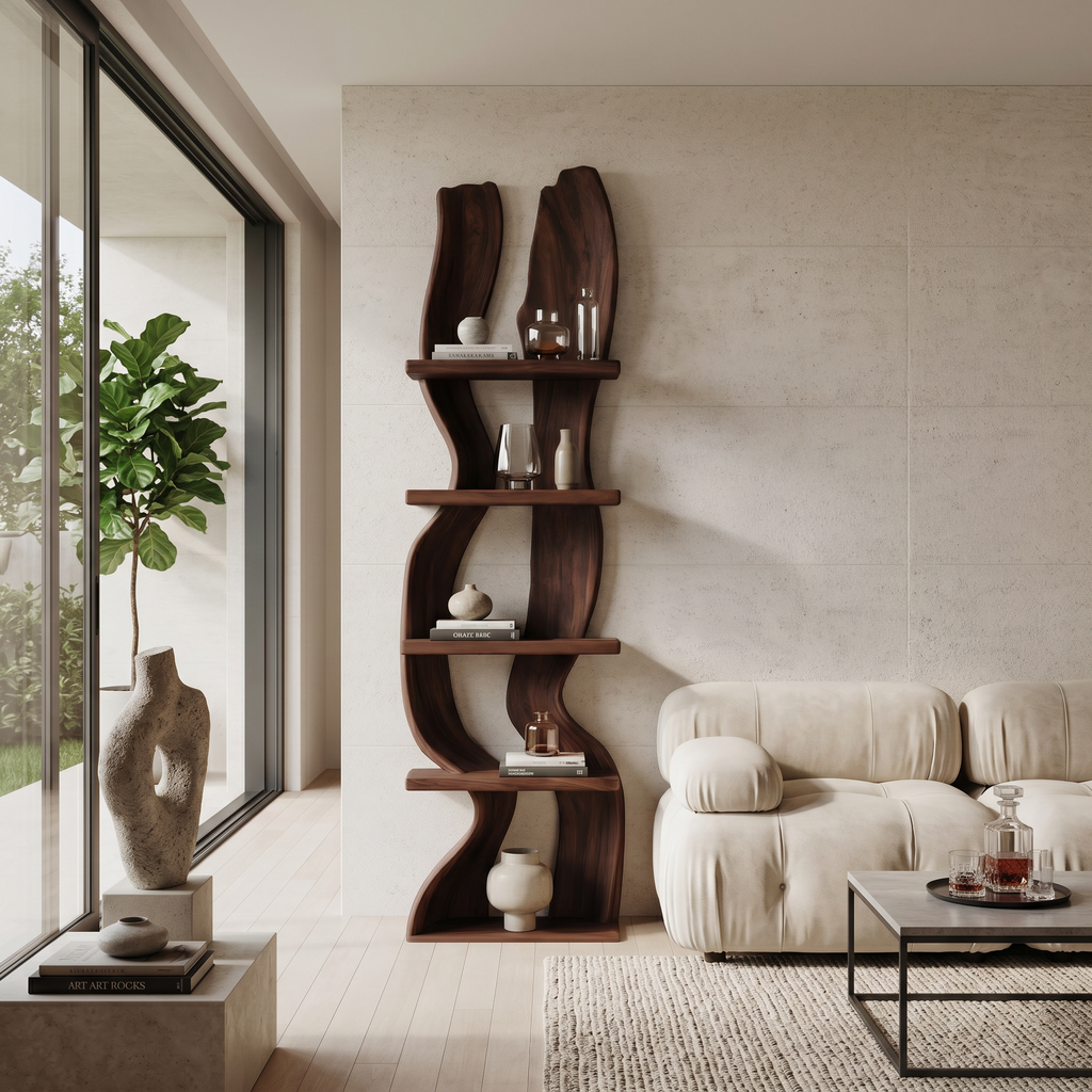 Modern Rustic Standing Shelf With Curved Silhouette For Living Room
