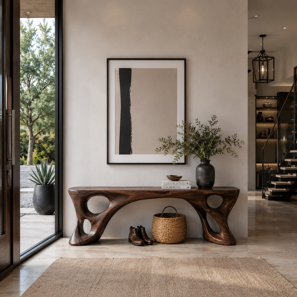 Sculptural Bench With Carved Design For Entryway