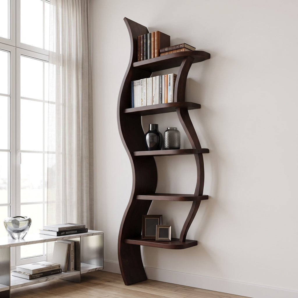 Modern Sculptural Bookshelf With Curved Design For Living Room