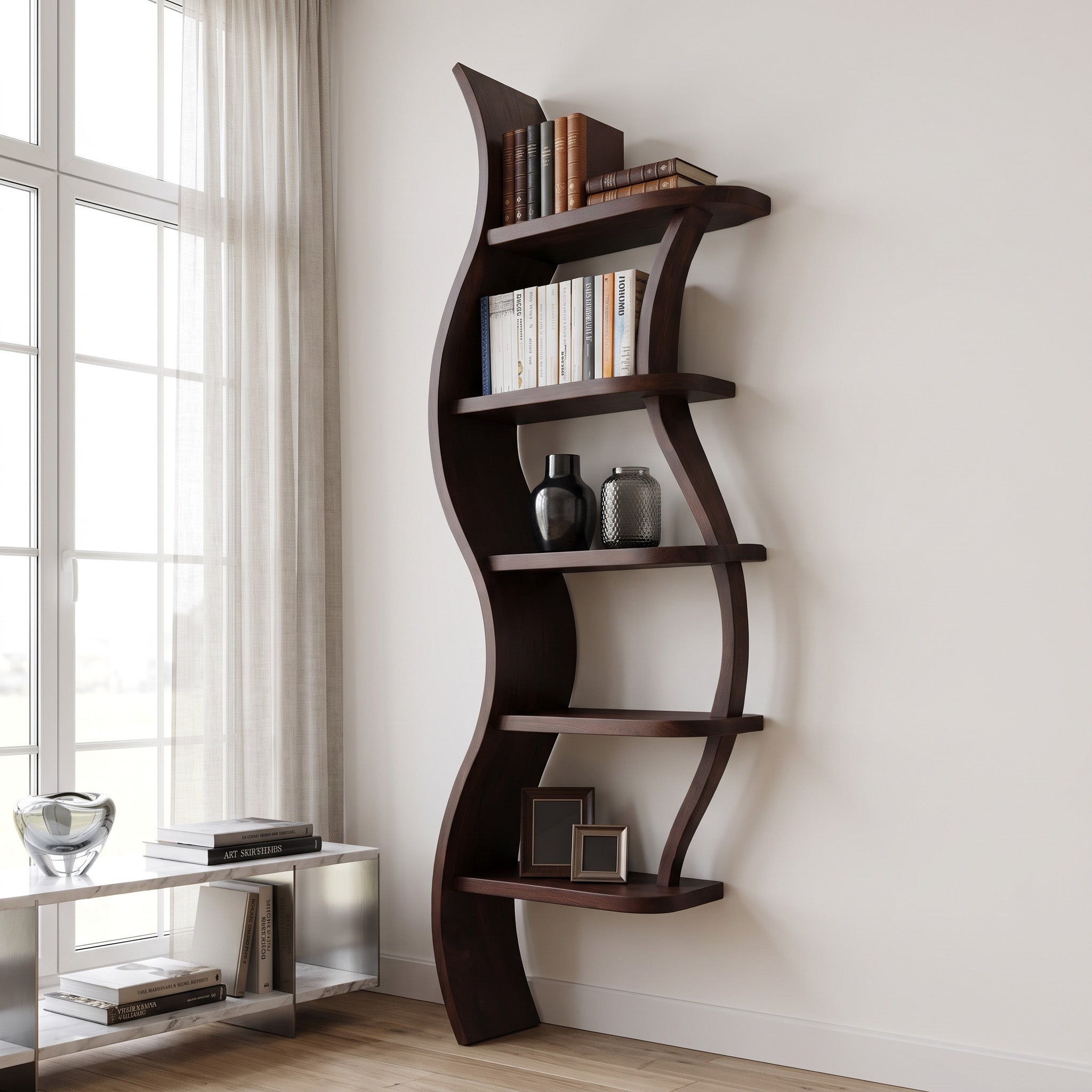 Modern Sculptural Bookshelf With Curved Design For Living Room