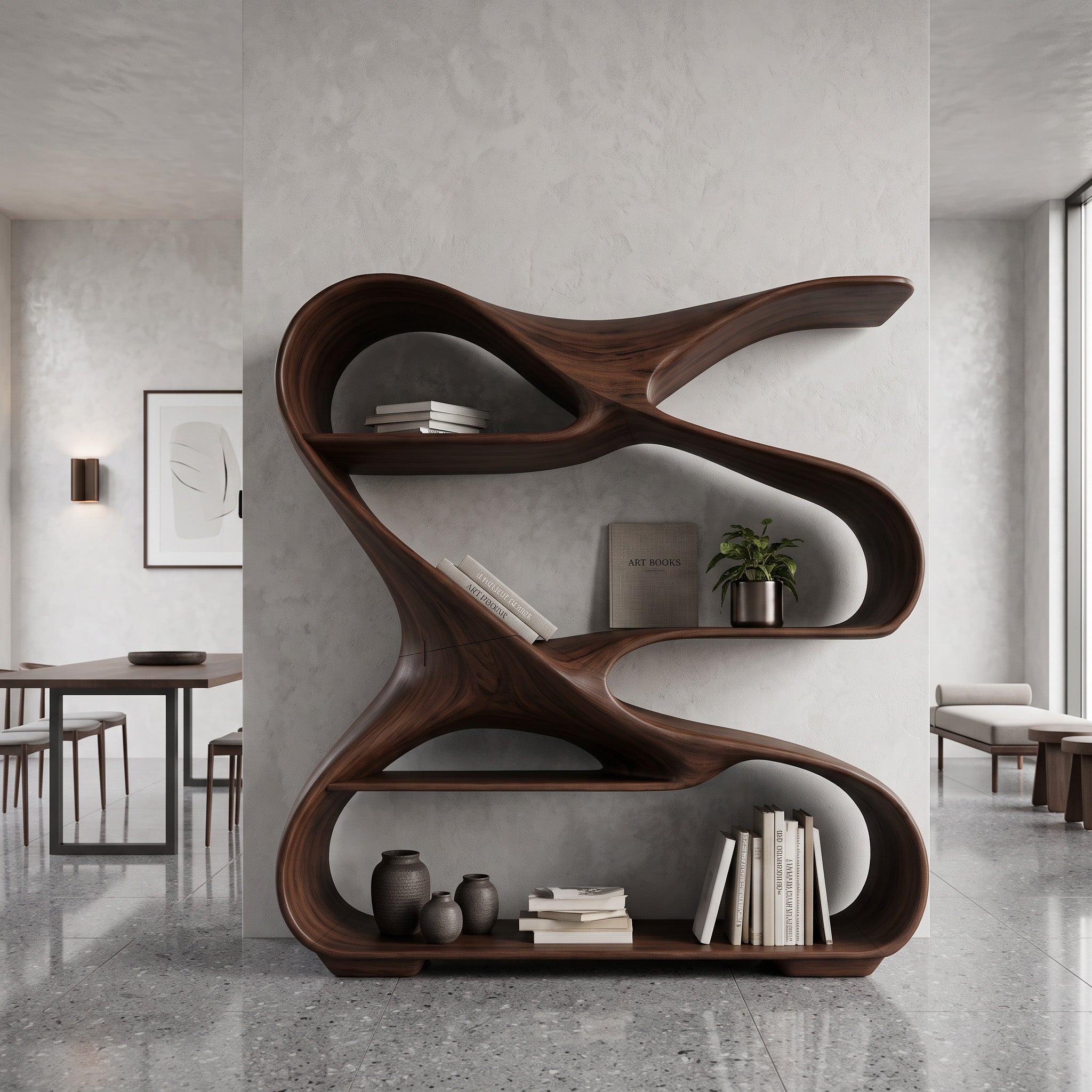 Modern Sculptural Wooden Bookshelf For Living Room Or Office Display
