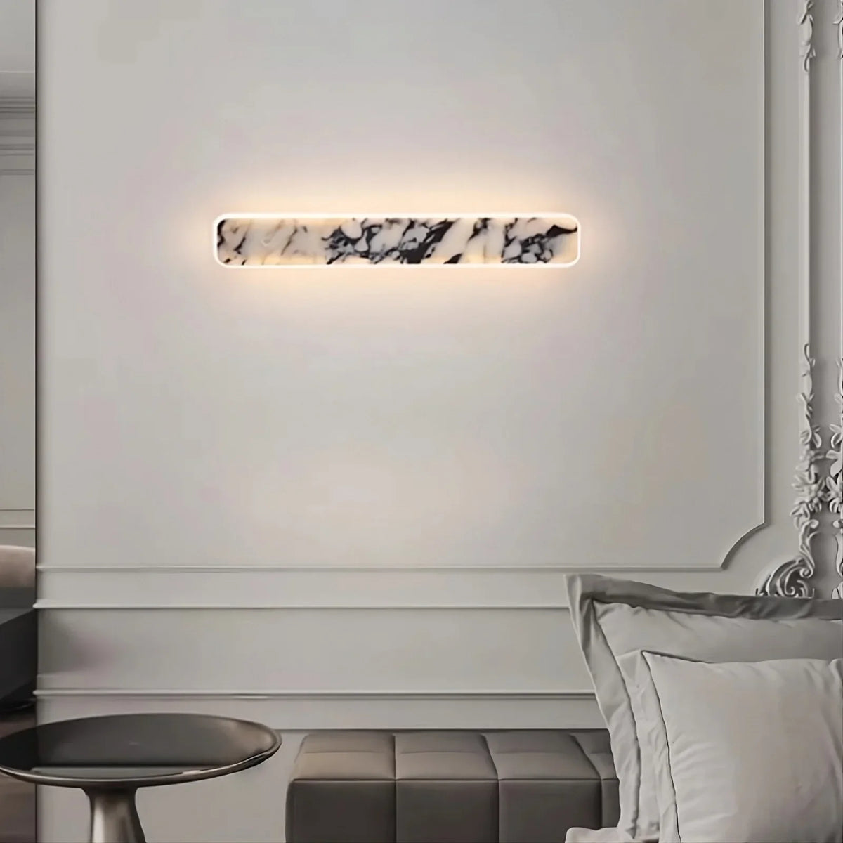 Detail of natural marble on the Warner LED sconce
