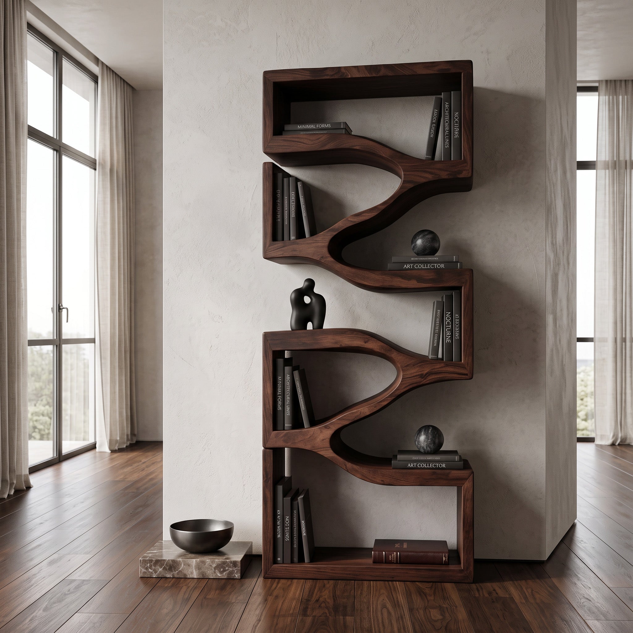 Sculptural Wooden Wall Bookcase For Modern BedRoom