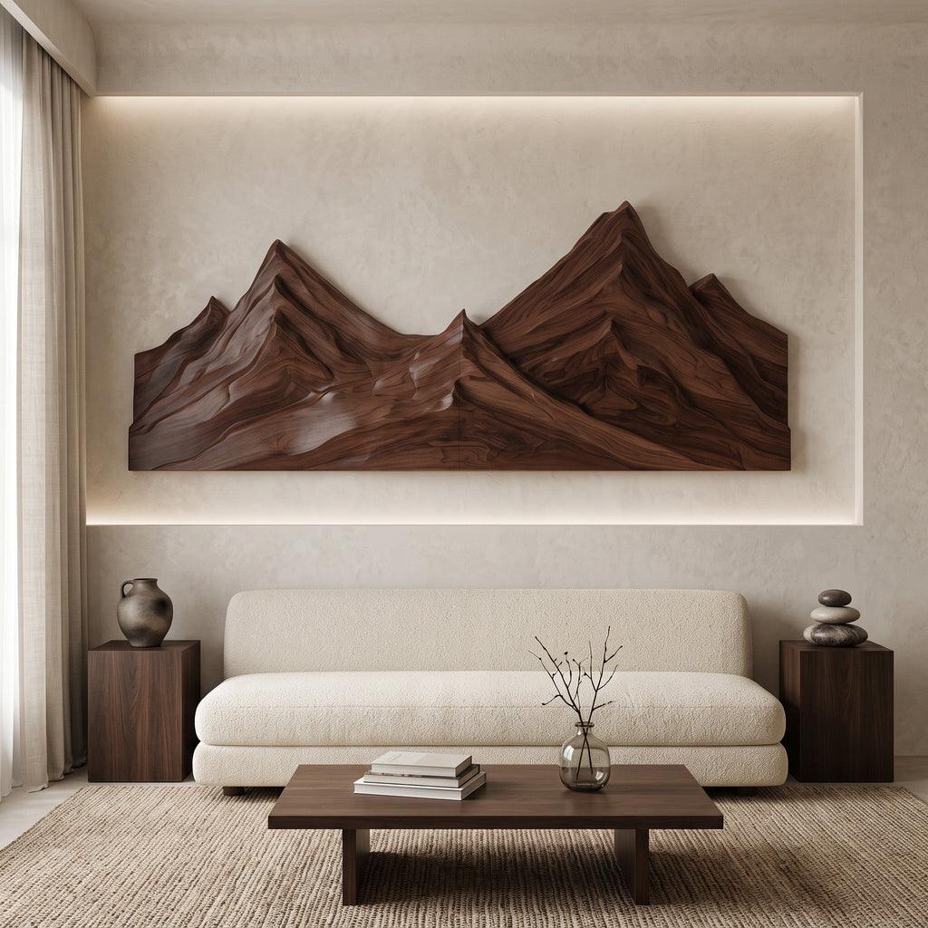 Rustic Mountain Wall Art Triptych Carving For Bedroom And Living Room