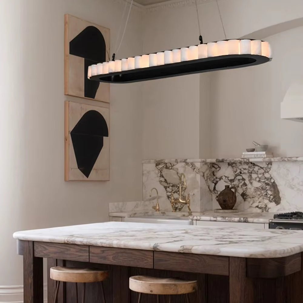 Detail of natural marble shades on the Hampton chandelier