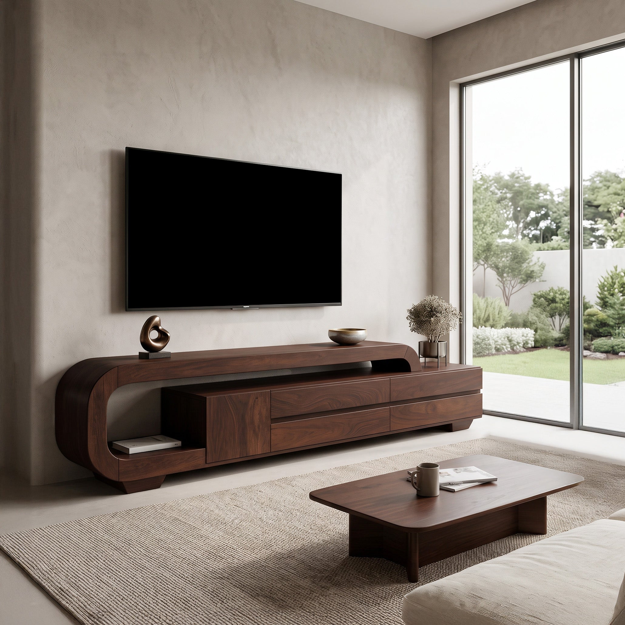 Modern Sculpted TV Console With Open Frame For Living Room