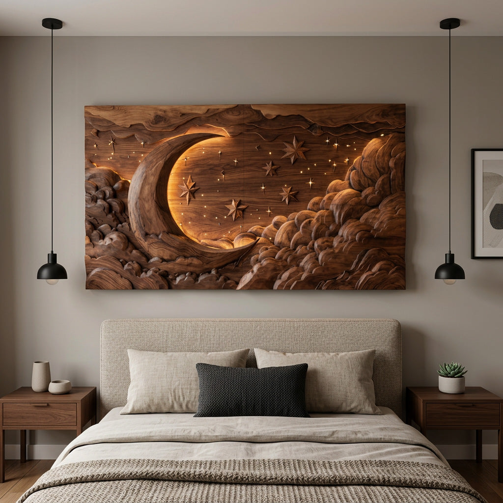 Hand Carved Wall Art Moon And Stars Panel With LED For Bedroom
