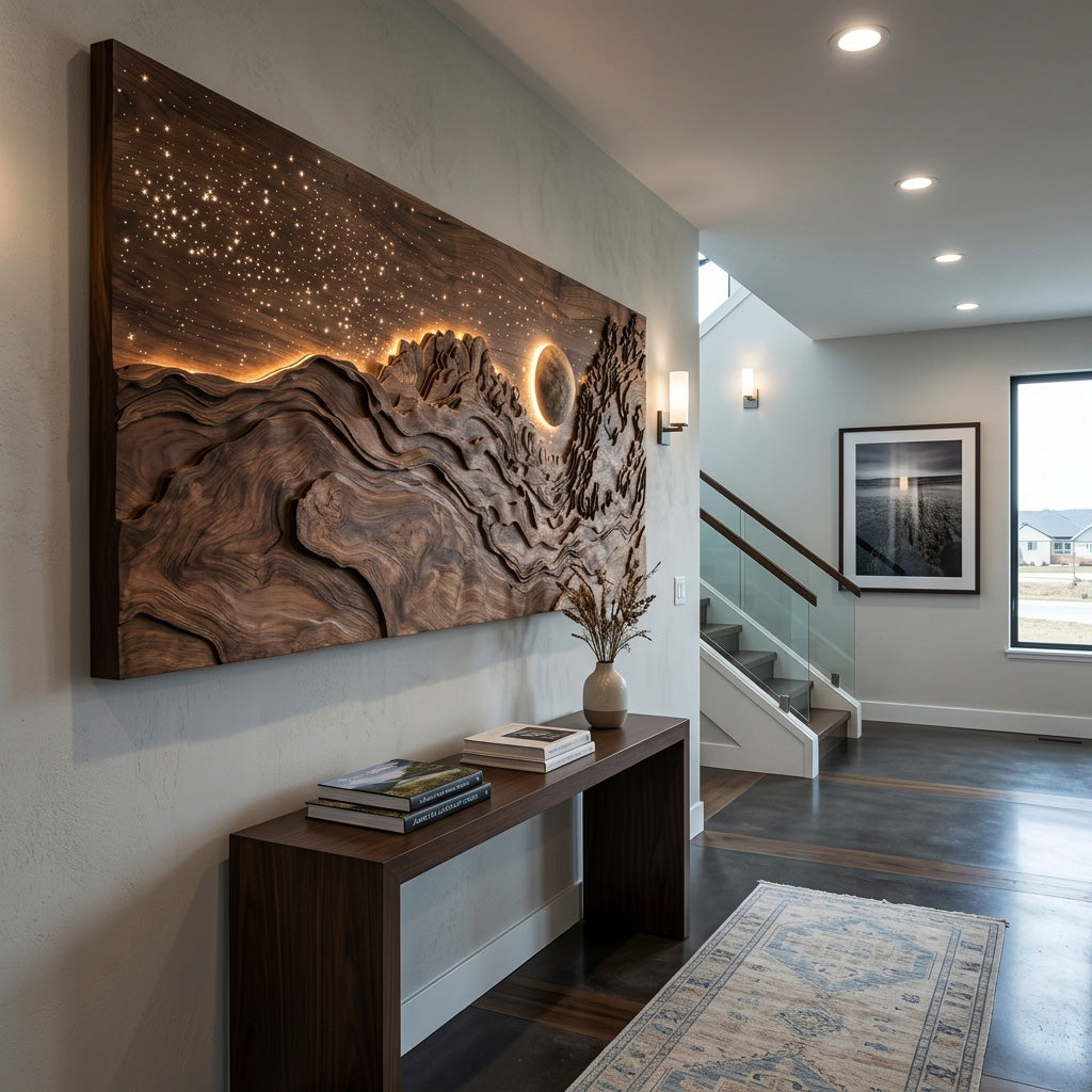 Hand Carved Wall Art With LED Eclipse Design For Living Room