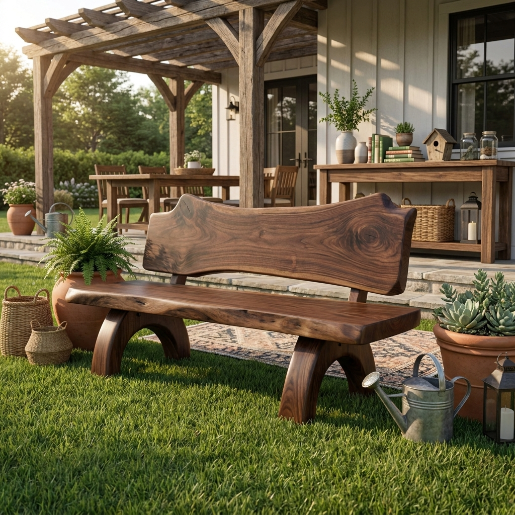 Rustic Live Edge Bench With Backrest For Patio Garden Courtyard