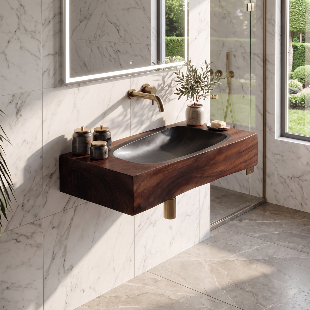 Farmhouse Wooden Live Edge Wood Basin For Organic Bathroom Design