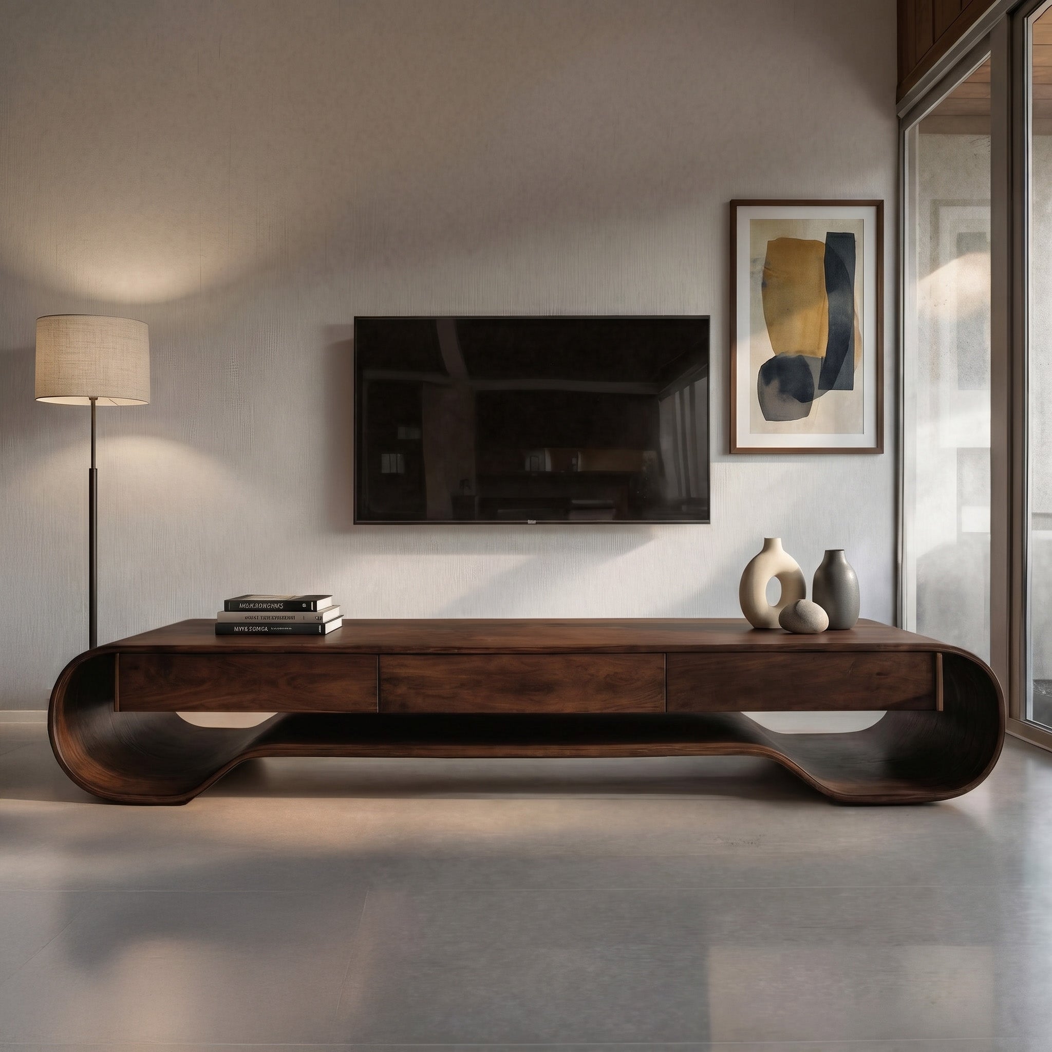 Sculpted Curved Media Console With Storage For Living Room