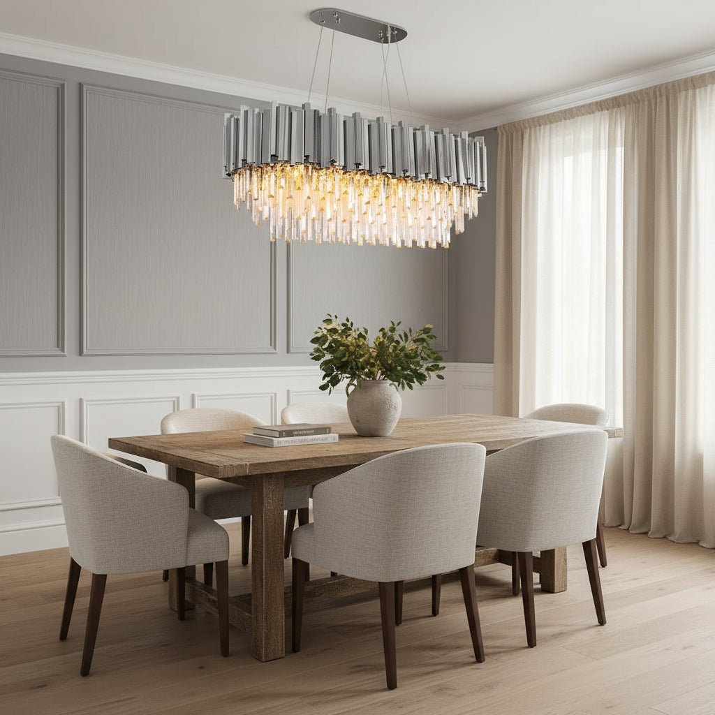 Gio chrome crystal dining chandelier over a dining table