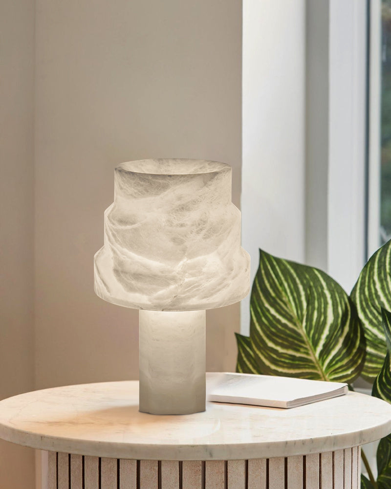 Nature Inspired Cylinder White Alabaster Short Table Lamp 8in for bedroom