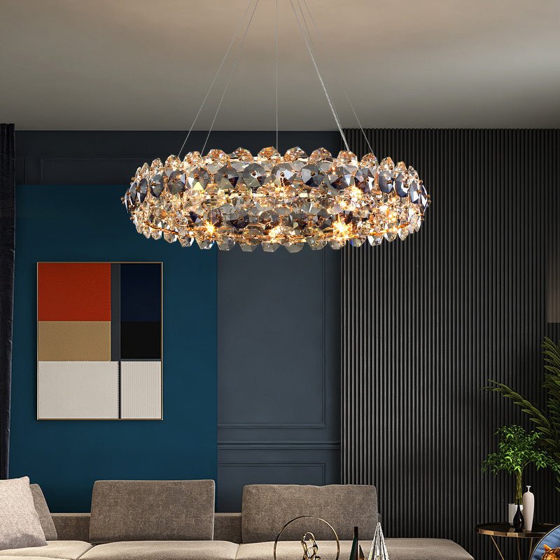 Side view of the Monte 31-inch crystal wheel chandelier by Morsale.com showing the horizontal crystal ring.