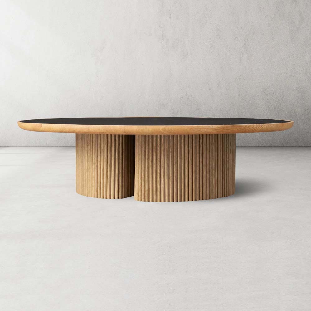 Astor Round Marble Top Coffee Table Wood Cocktail Table Reeded Oak Base Sofa Center Tea Table