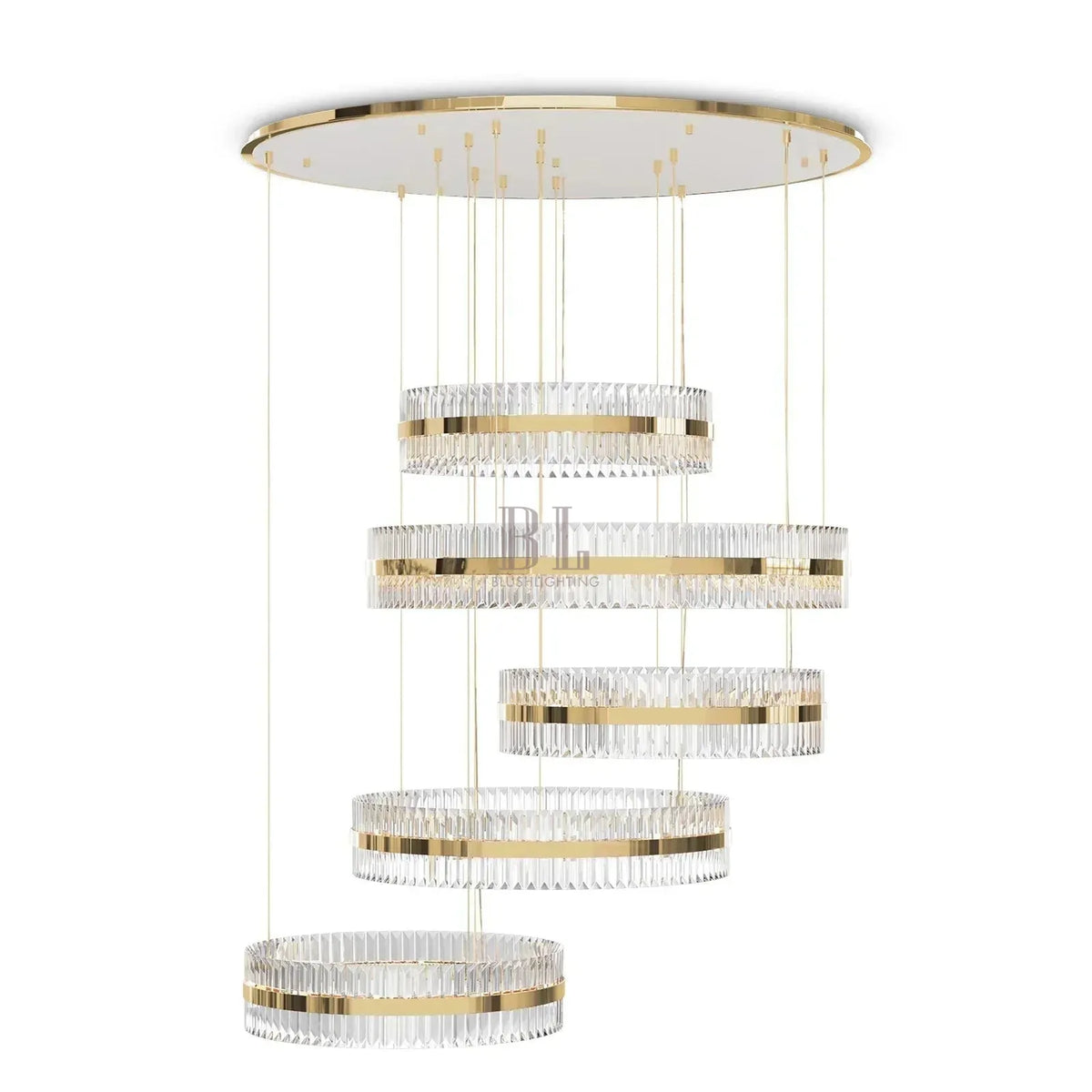5-Ring Crystal Chandelier in Gold Finish-Chandeliers-casivra-Canopy D47.2"*H118.1"-White Canopy-Warm Light-casivra