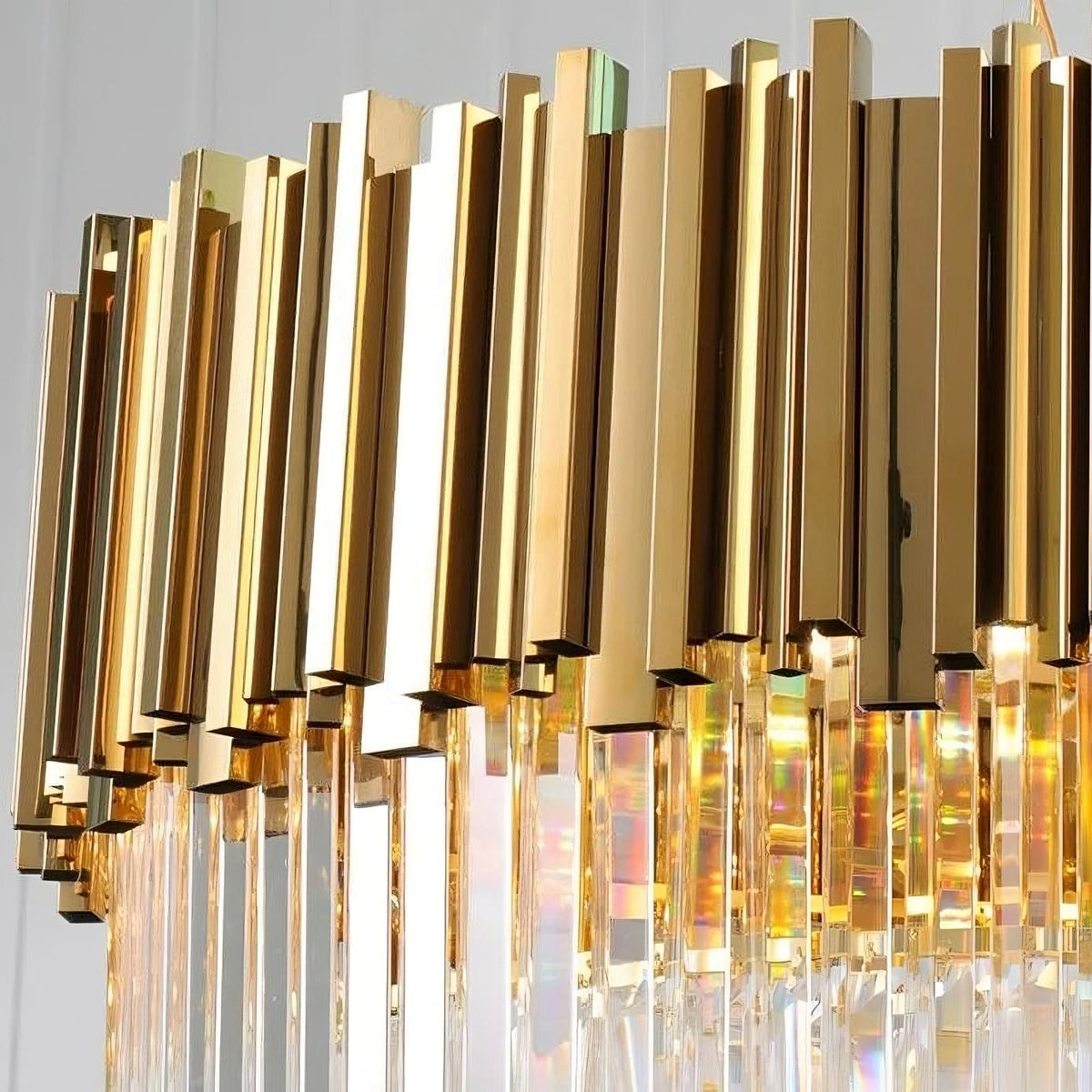 Gio tiered crystal chandelier illuminated