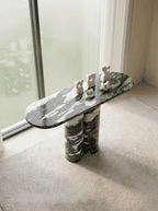 Green Forest Marble Console Table with Oval Shape Top and Double Cylinder Legs