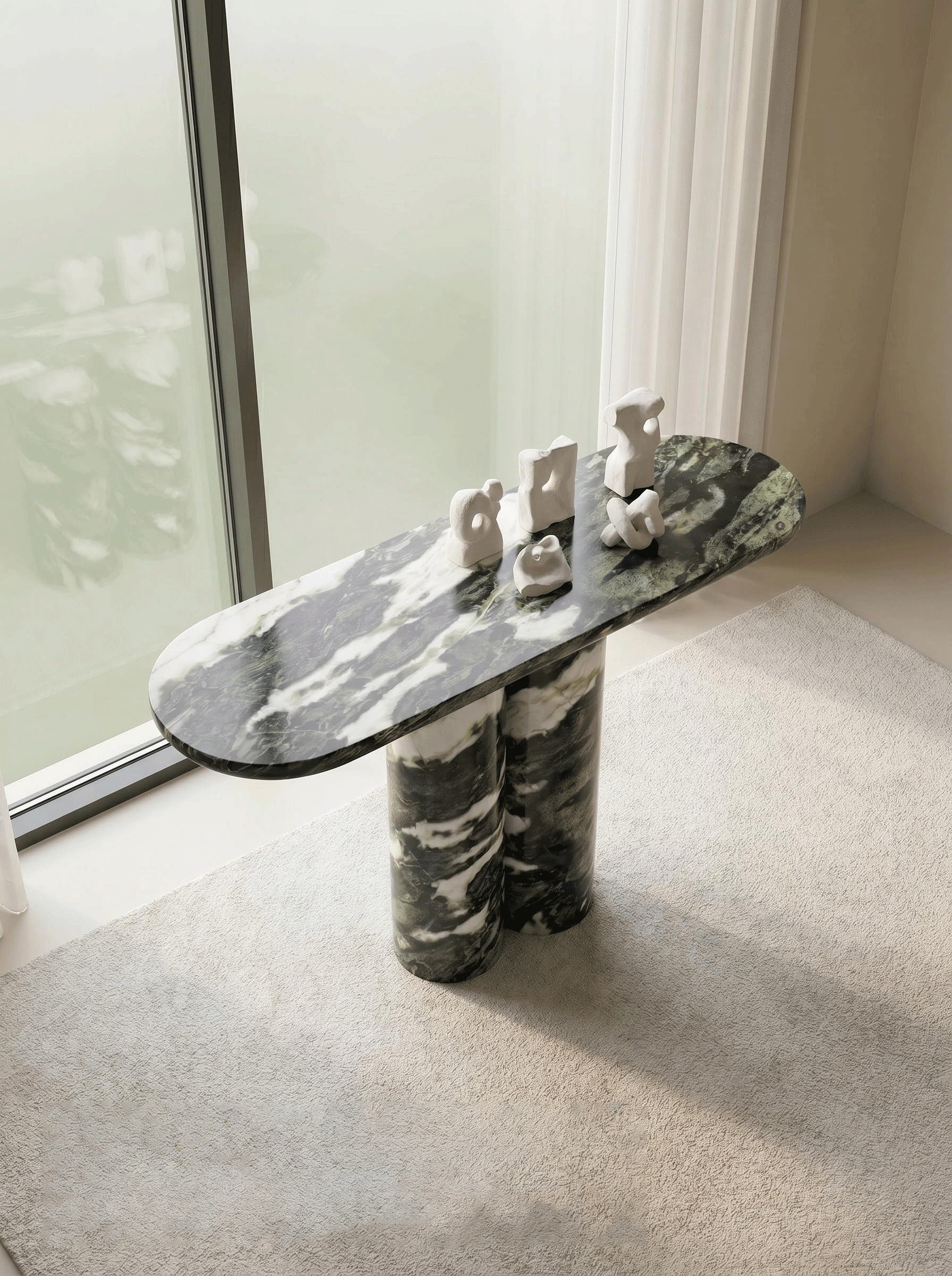 Green Forest Marble Console Table with Oval Shape Top and Double Cylinder Legs