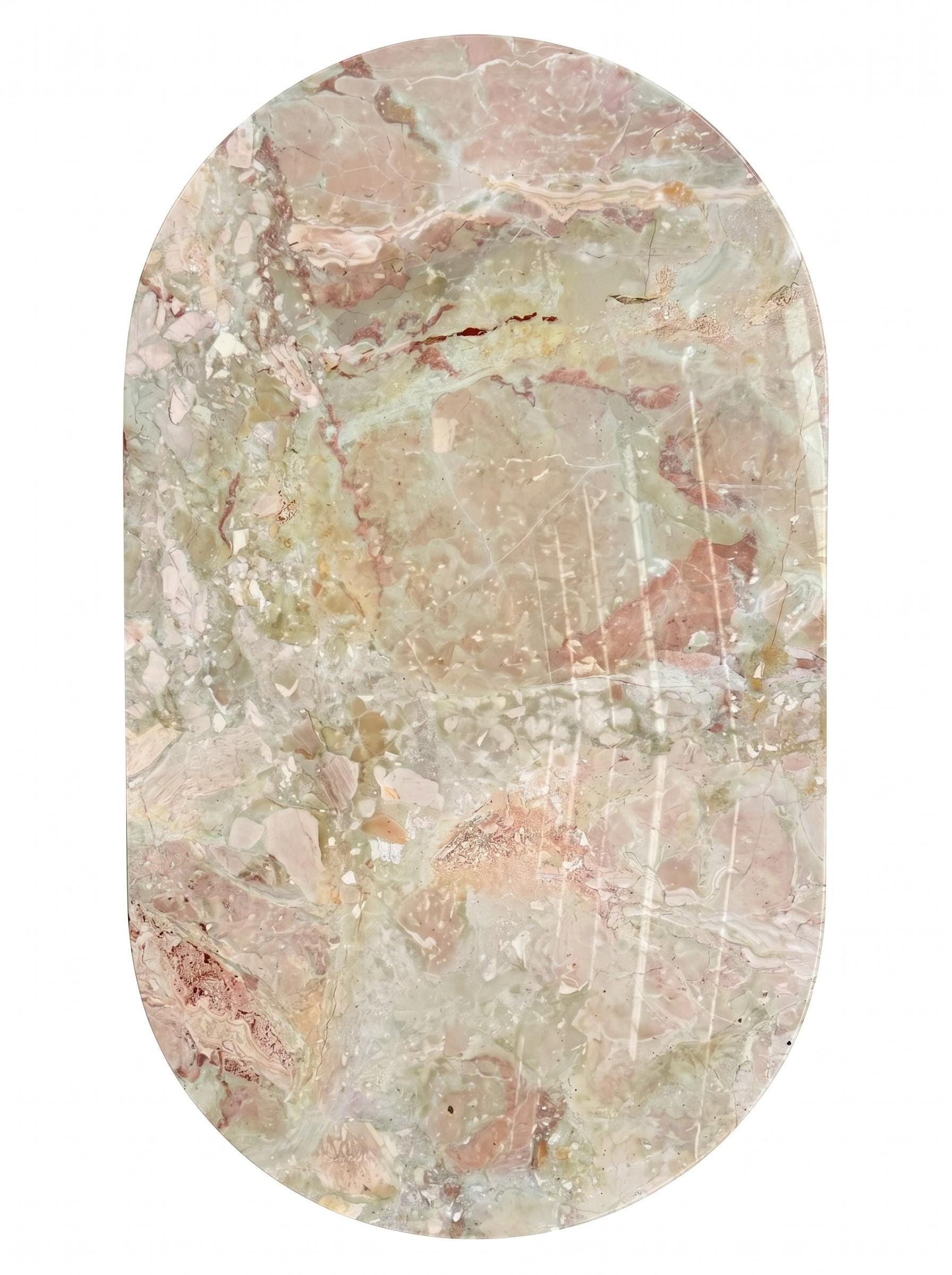 Natural Luxury Stone Oval Dining Table, One-Piece Solid Slab Cut, Unique Pink-Green Natural Veining, Sturdy Double Pedestal Base for Home Dining & Gatherings