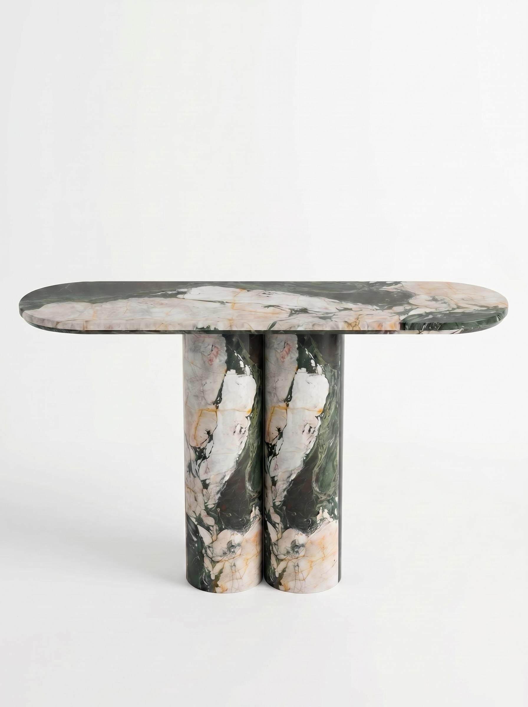 Luxury Les Quatre Saisons Marble Console Table with Oval Top and Double Cylinder Legs