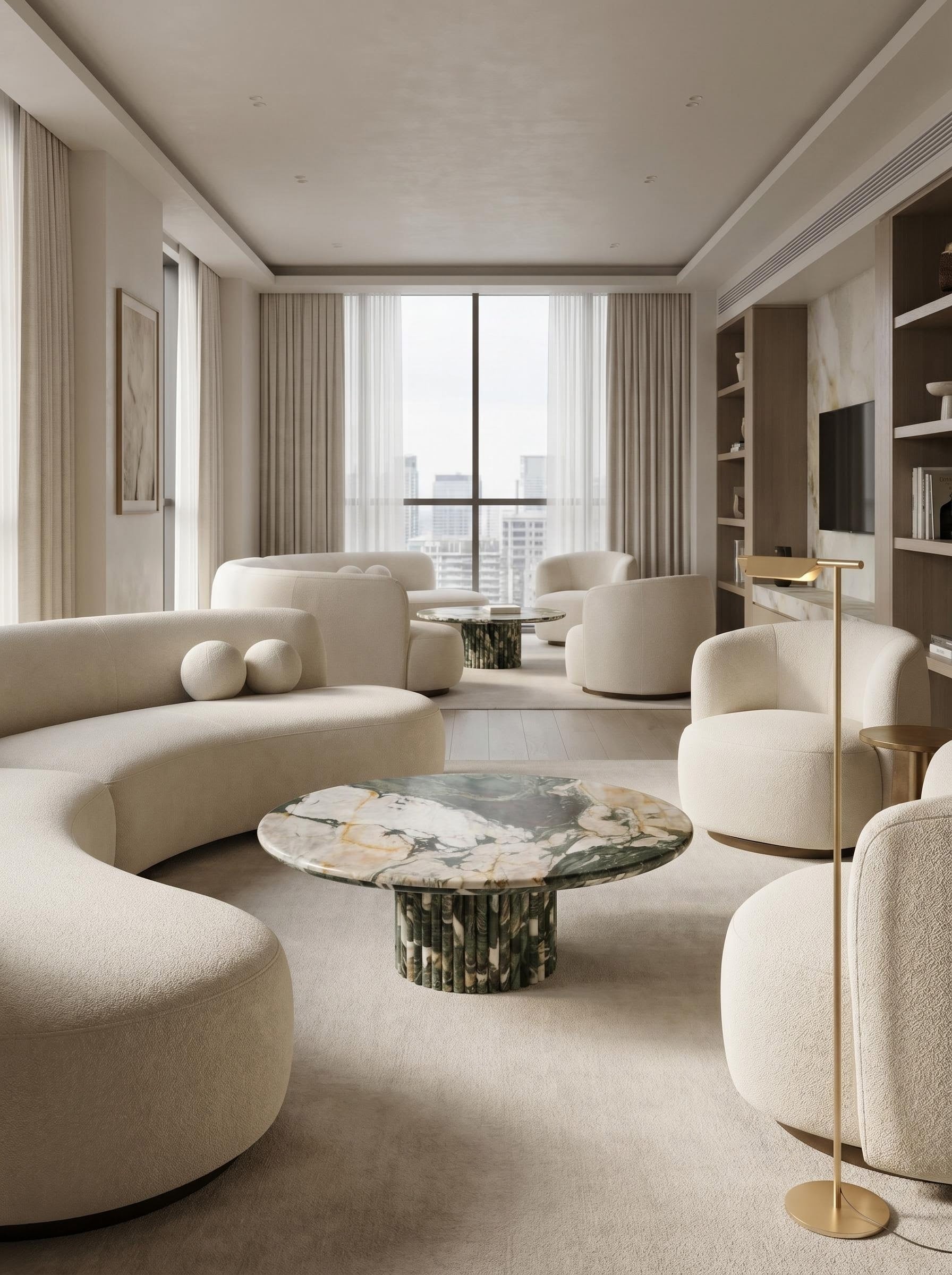 Les Quatre Saisons Natural Marble Round Coffee Table with Organic Petal Pedestal Base | Luxury Stone Furniture