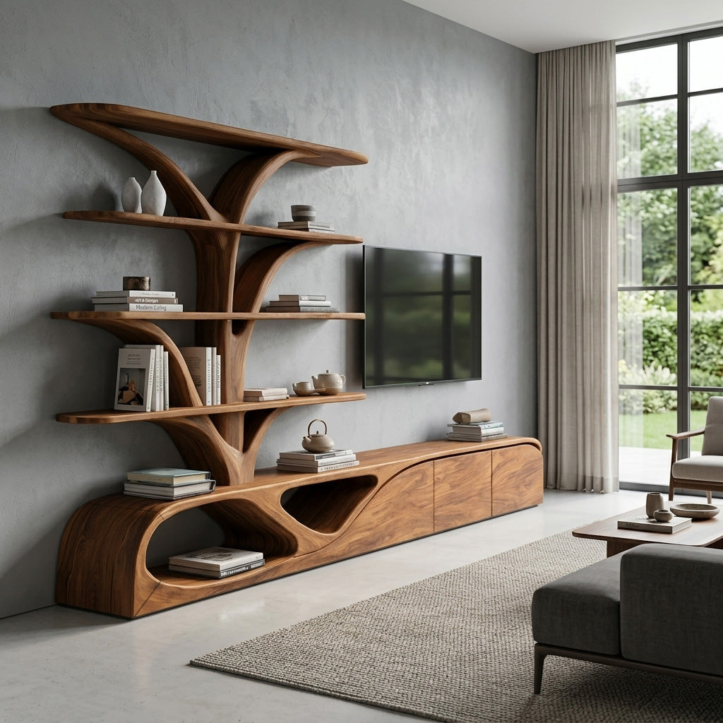 Organic TV Shelf With Tree Shape Bookshelf For Living Room