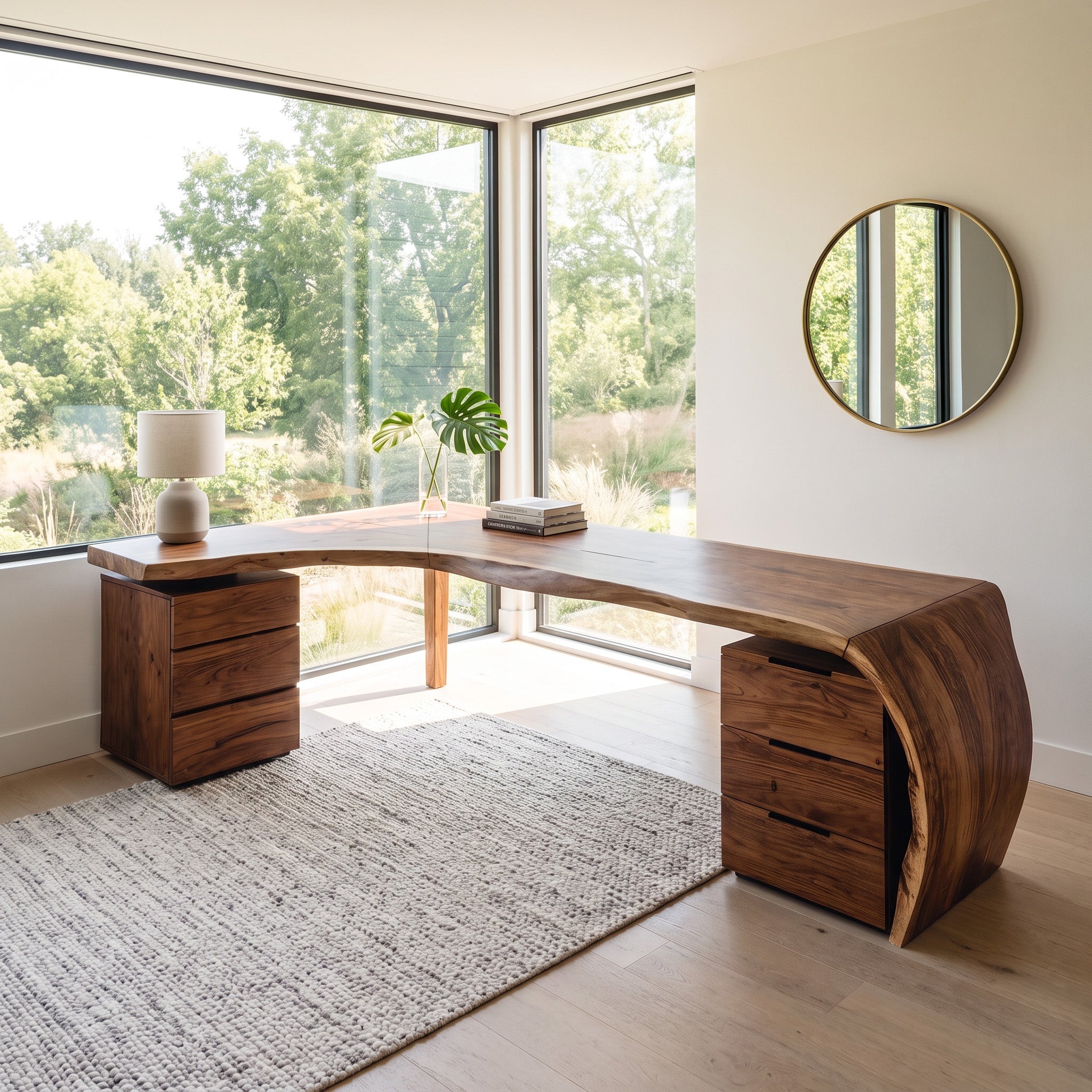 Minimalist Live Edge L Shaped Desk With Drawers For Workspace