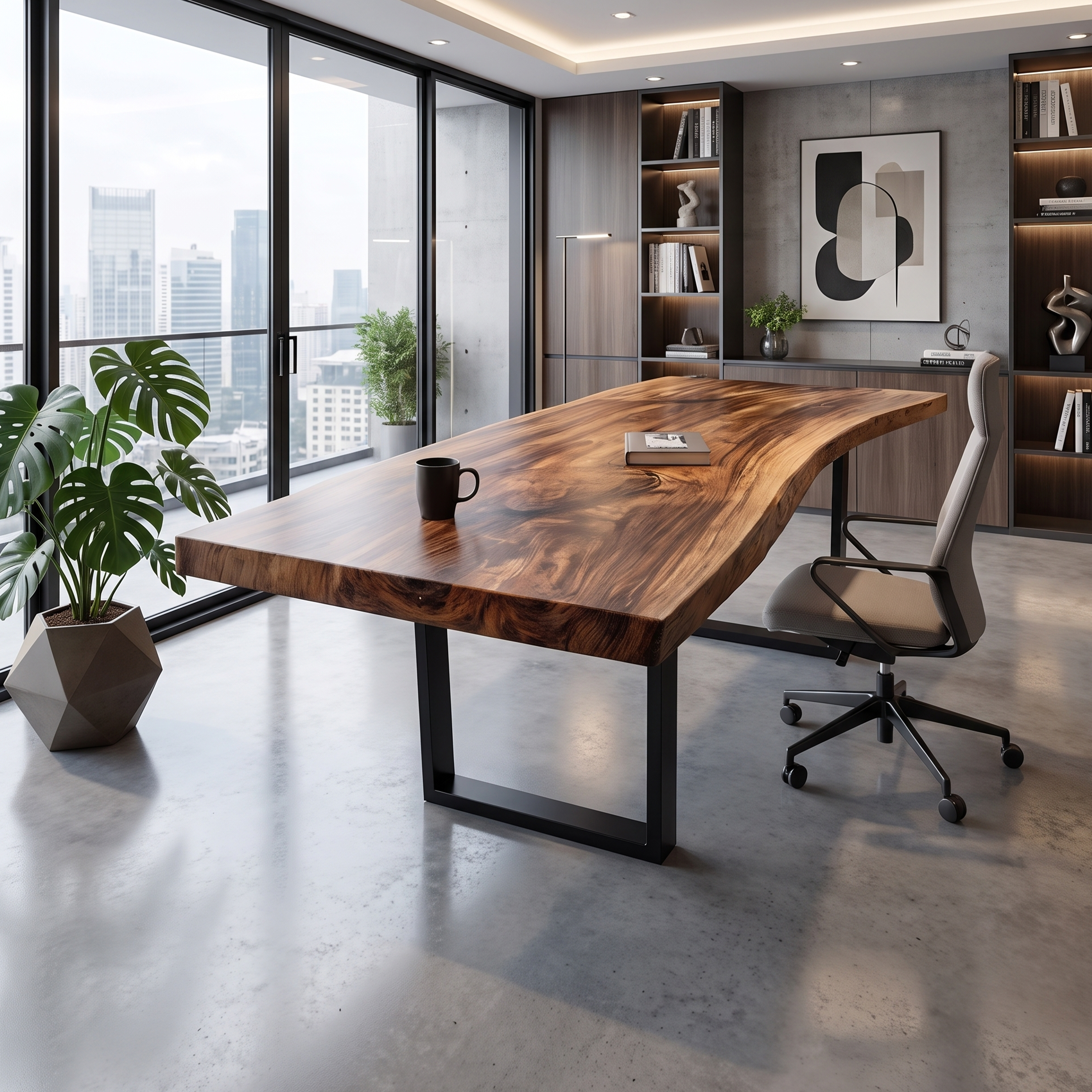 Mid Century Rustic Wooden Live Edge Desk For Home Office