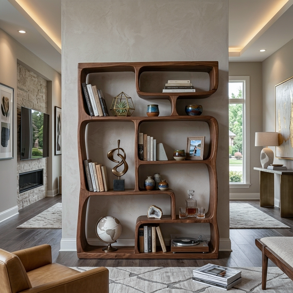 Modern Sculptural Bookshelf With Geometric Design For Living Room
