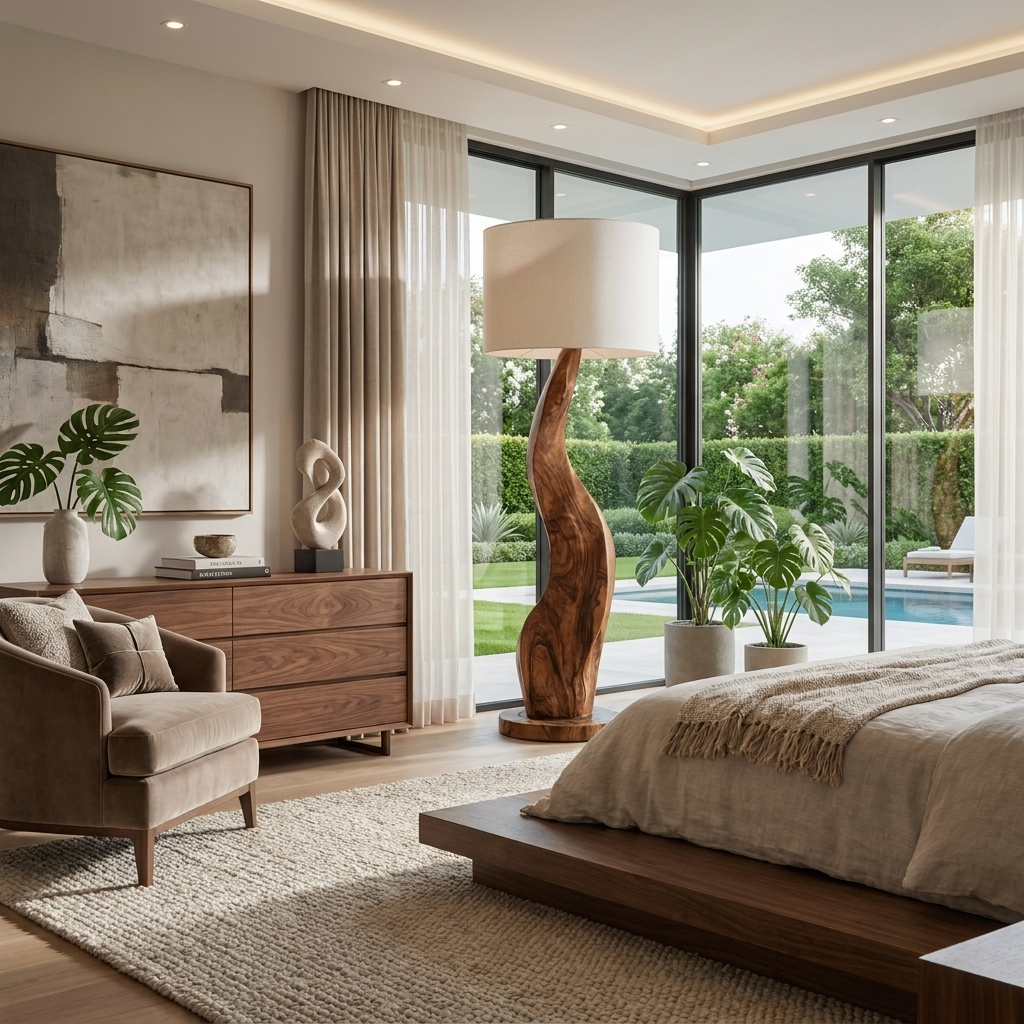 Modern Sculptural Floor Lamp With Curved Base For Bedroom