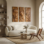 Scandinavian Minimalist Carved Wood Floral Art Set For Living Room