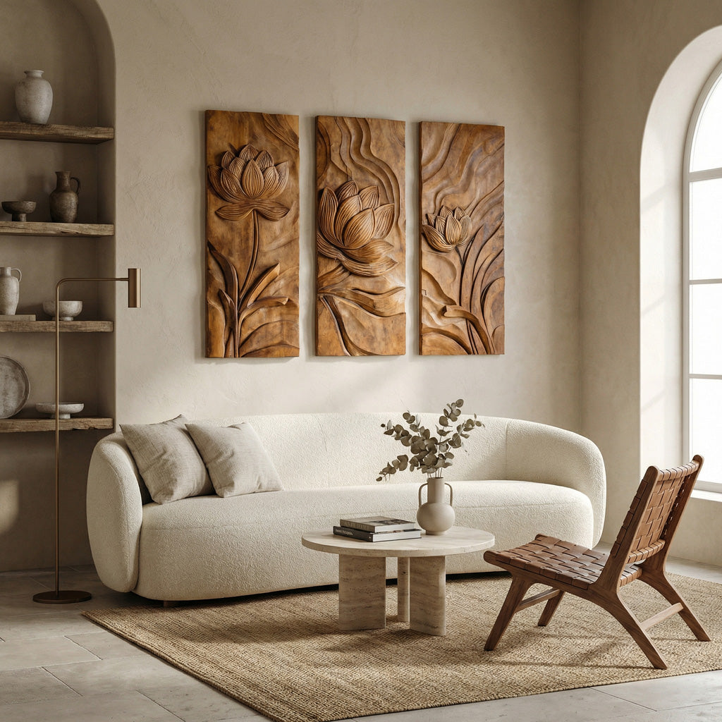 Scandinavian Minimalist Carved Wood Floral Art Set For Living Room