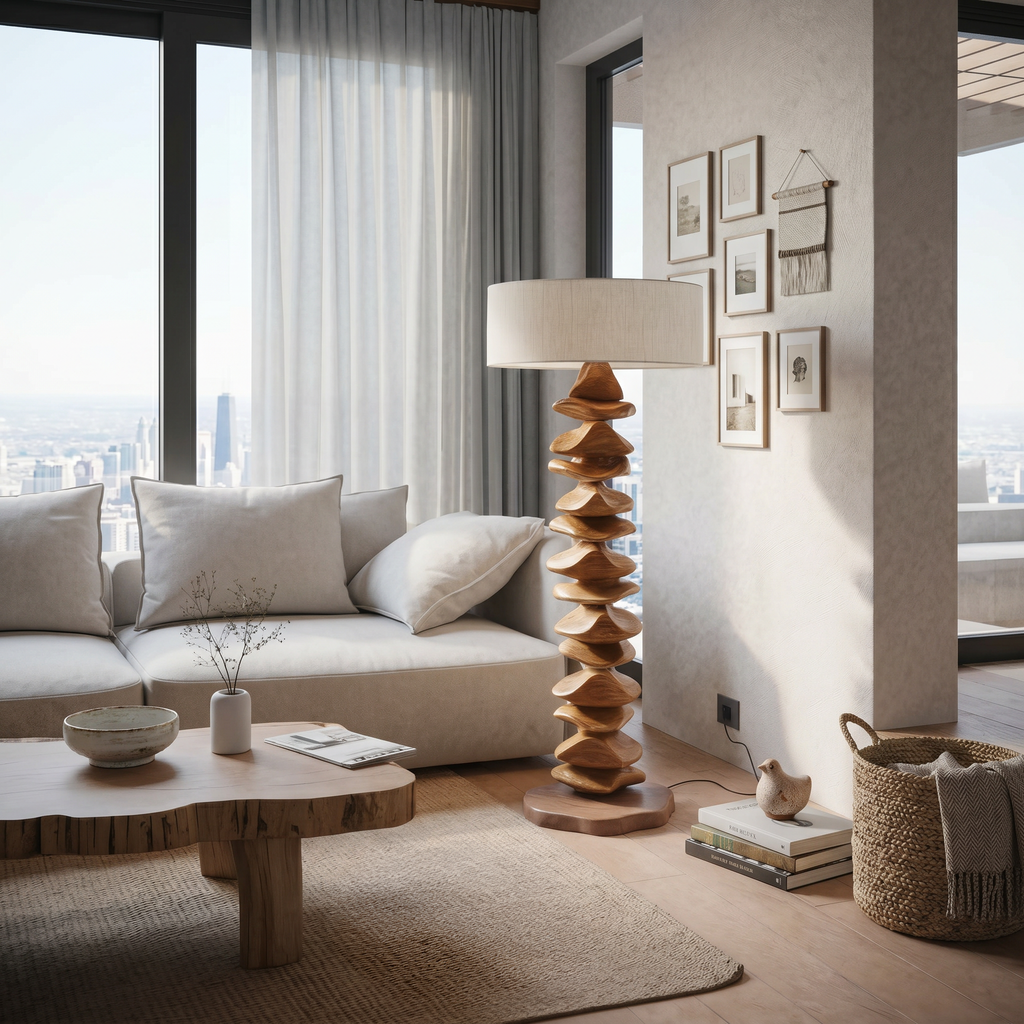 Handcrafted Sculptural Floor Lamp With Carved Base For Living Room