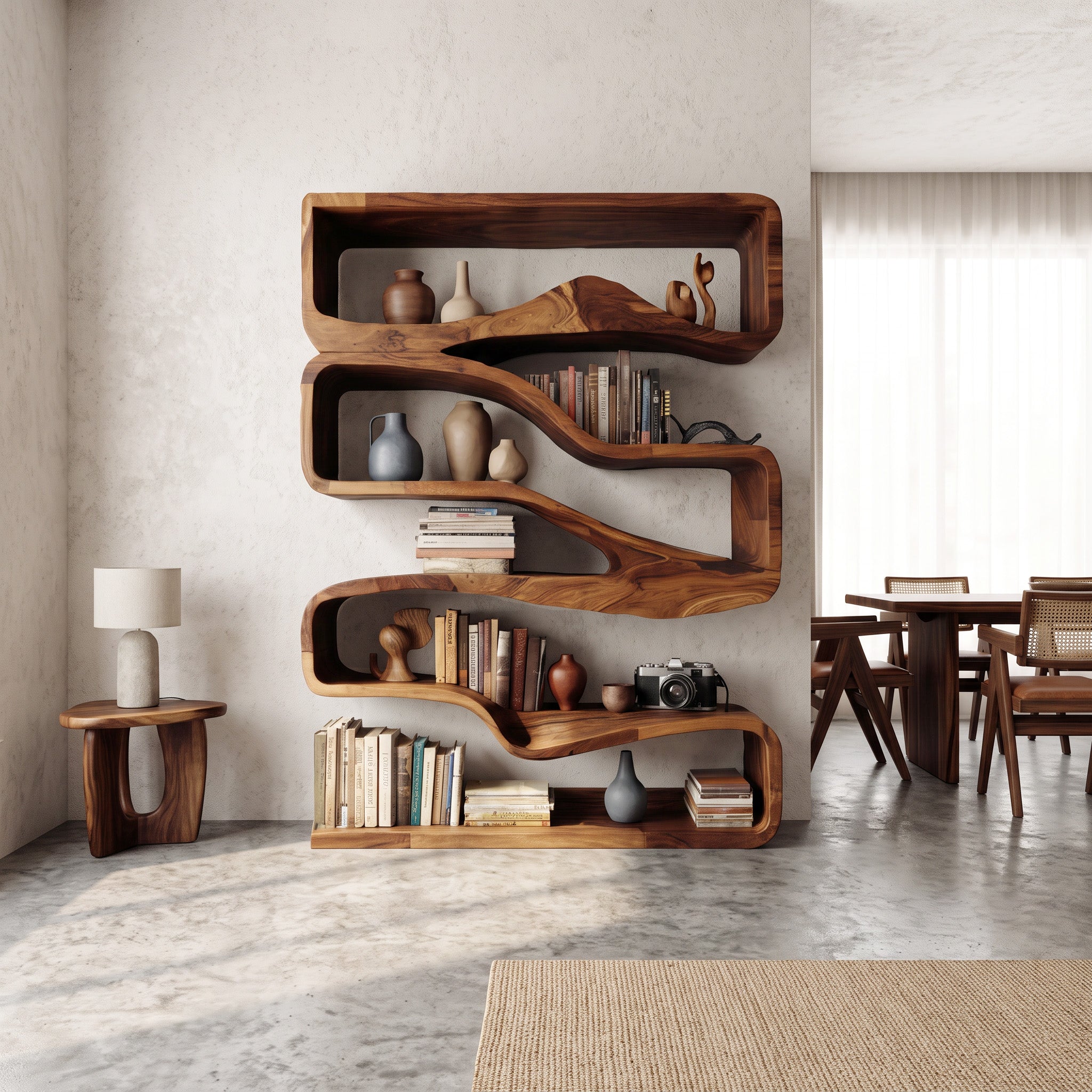 Modern Curved Bookshelf With Flowing Design For Bedroom