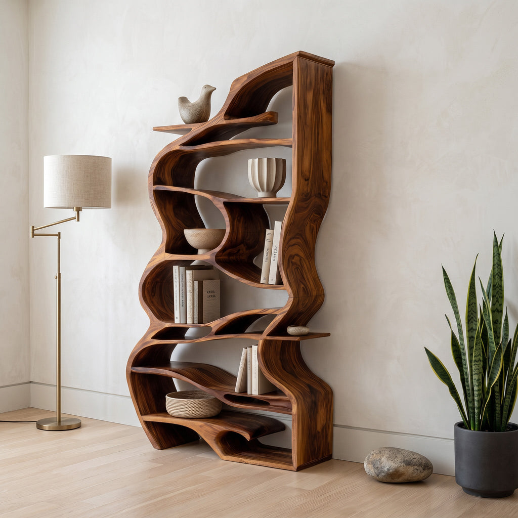Handcrafted Sculpted Bookshelf With Organic Design For Living Room Or Office