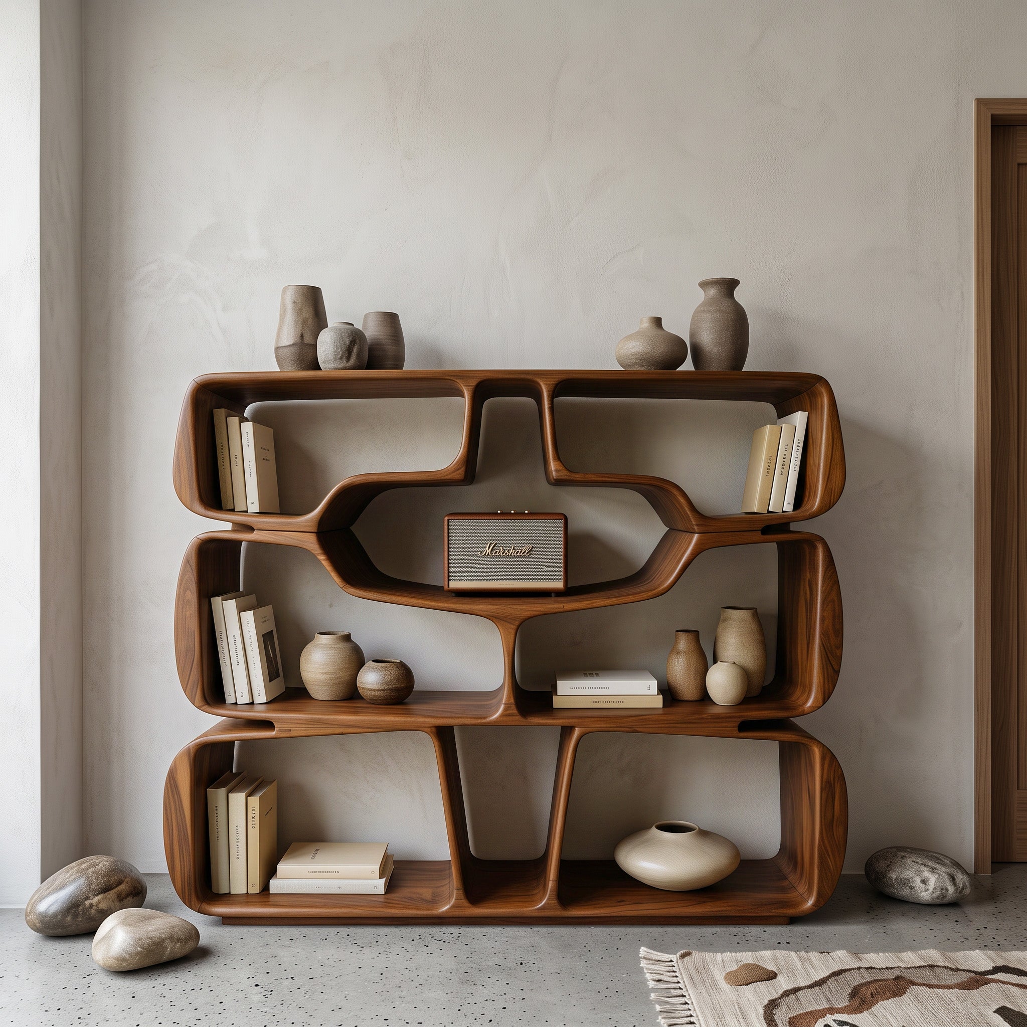 Modern Sculptural Bookshelf With Organic Curves For Living Room