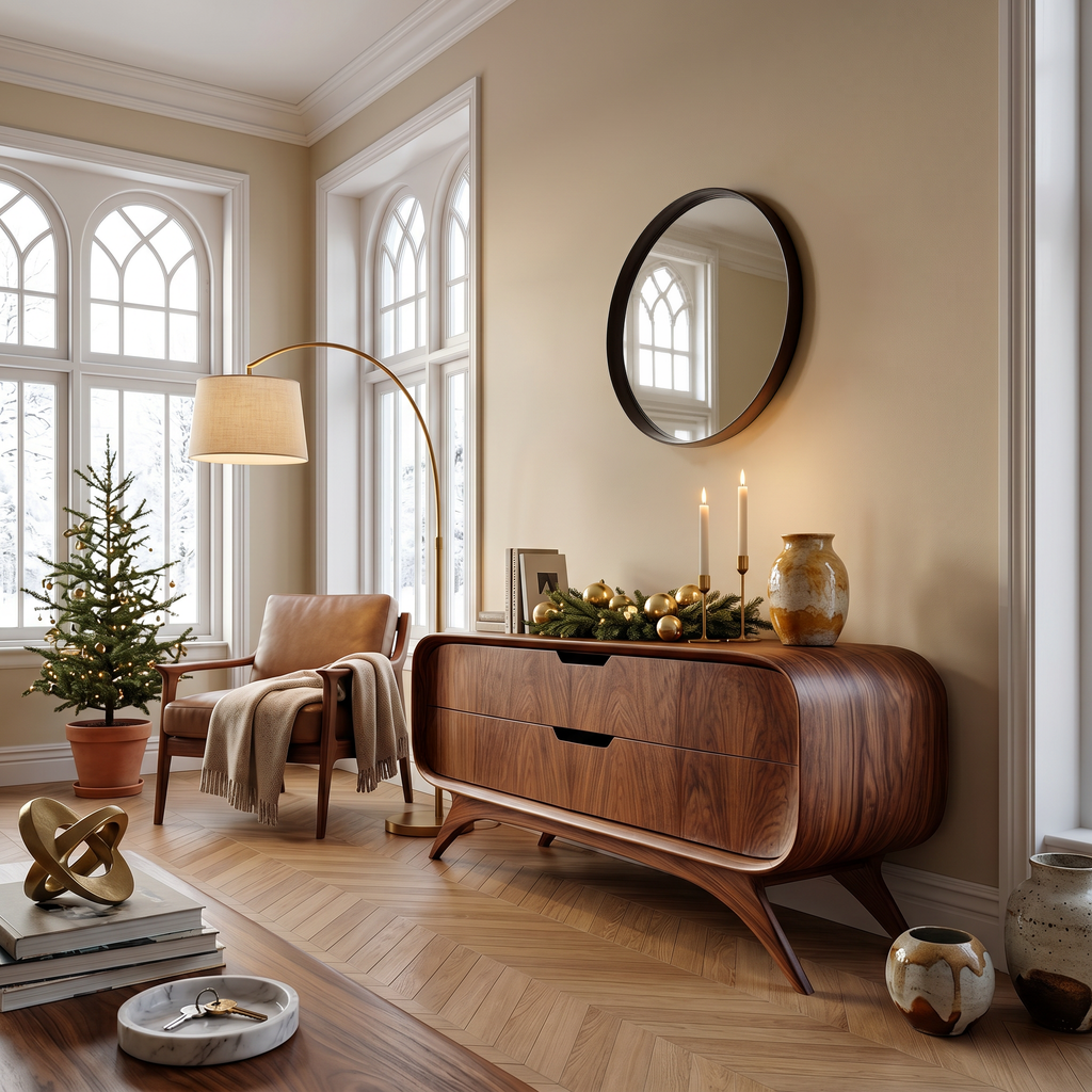 Mid Century Curved Sideboard For Holiday Or Living Room