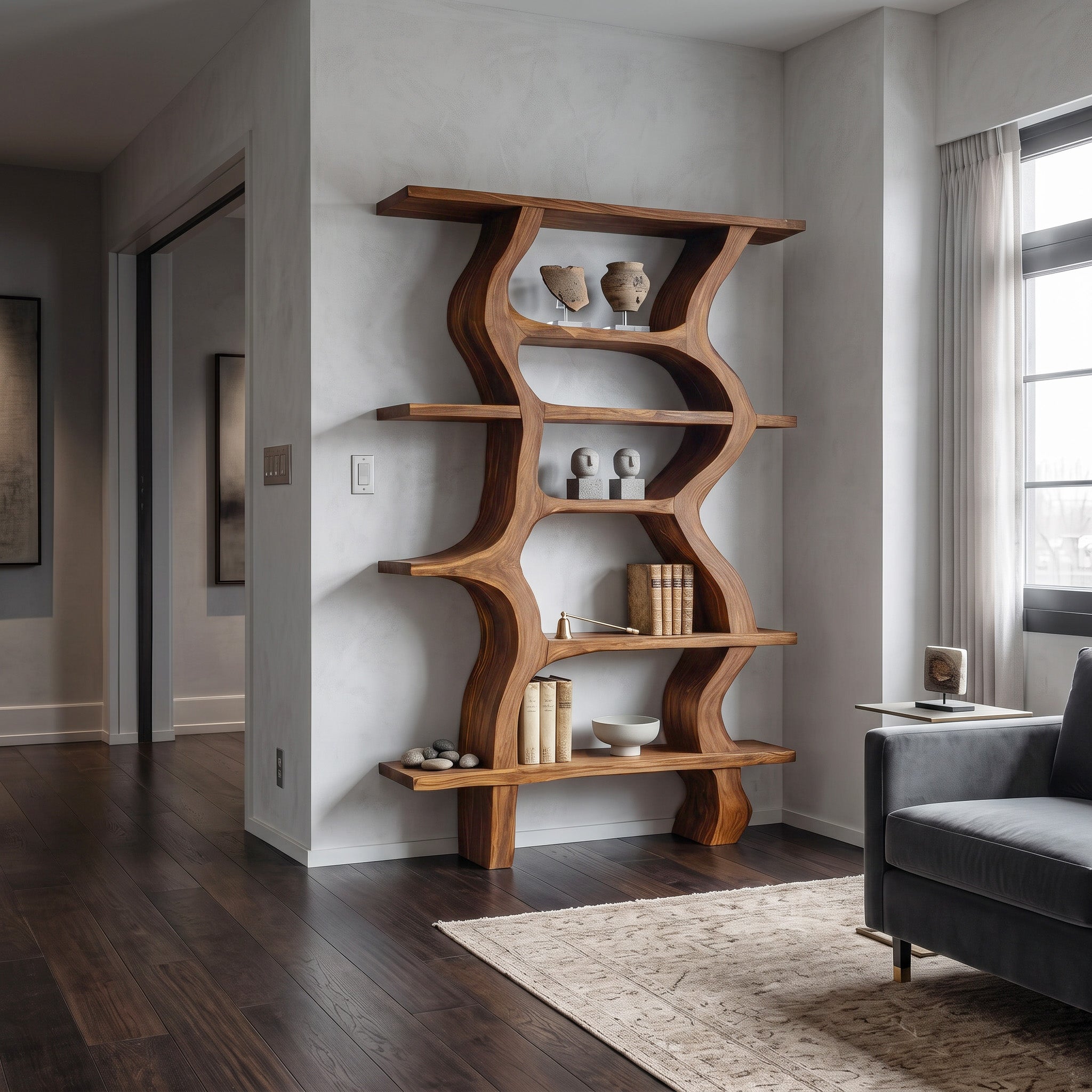 Modern Bookcase With Curved Open Shelf For Living Room