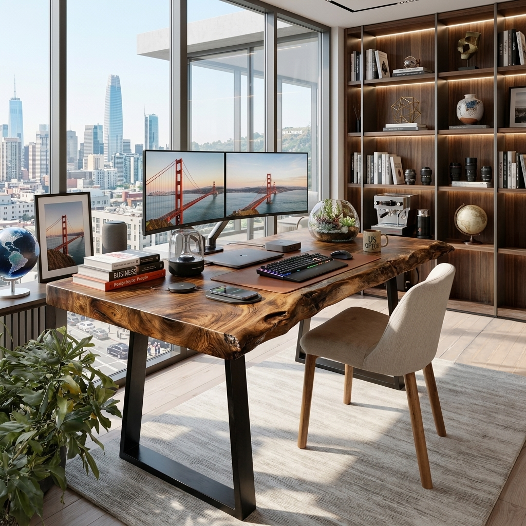 Modern Live Edge Wooden Desk With Metal Legs For Home Office Or Studio