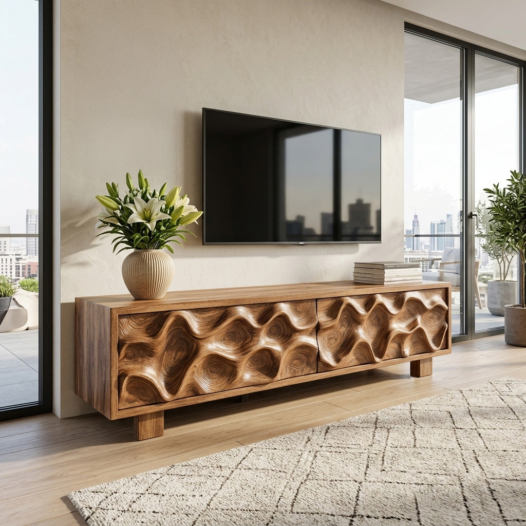 Hand Carved TV Stand With Wave Design For Living Room