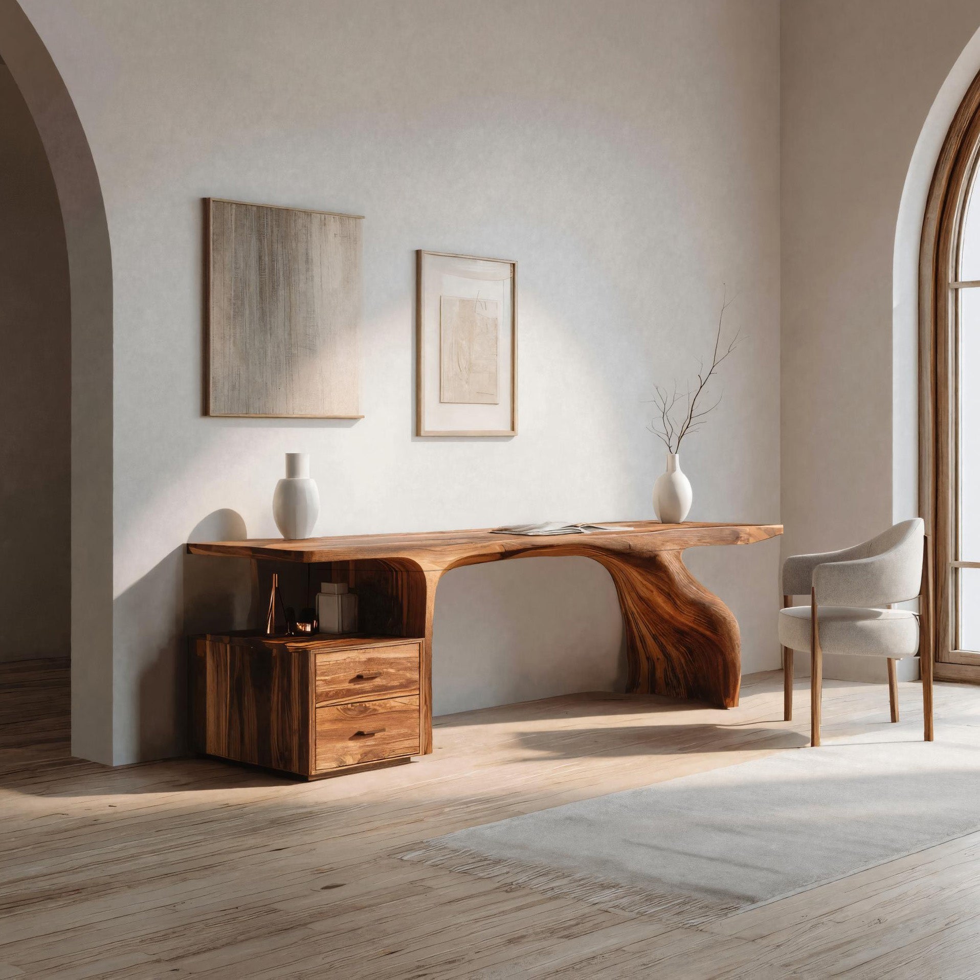 Organic Live Edge Wood Desk With Storage Drawers For Workspace