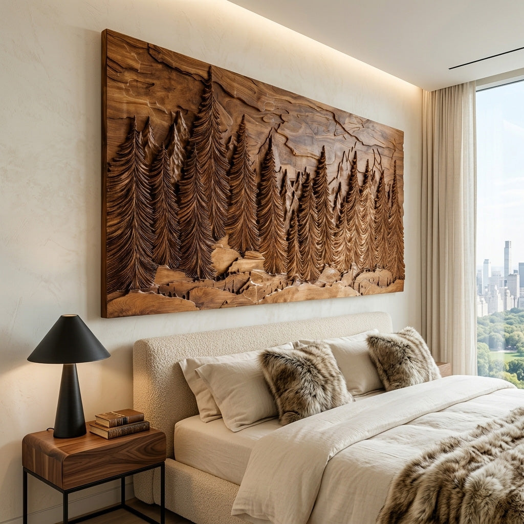 Hand Carved Wall Art With Forest Landscape For Living Room