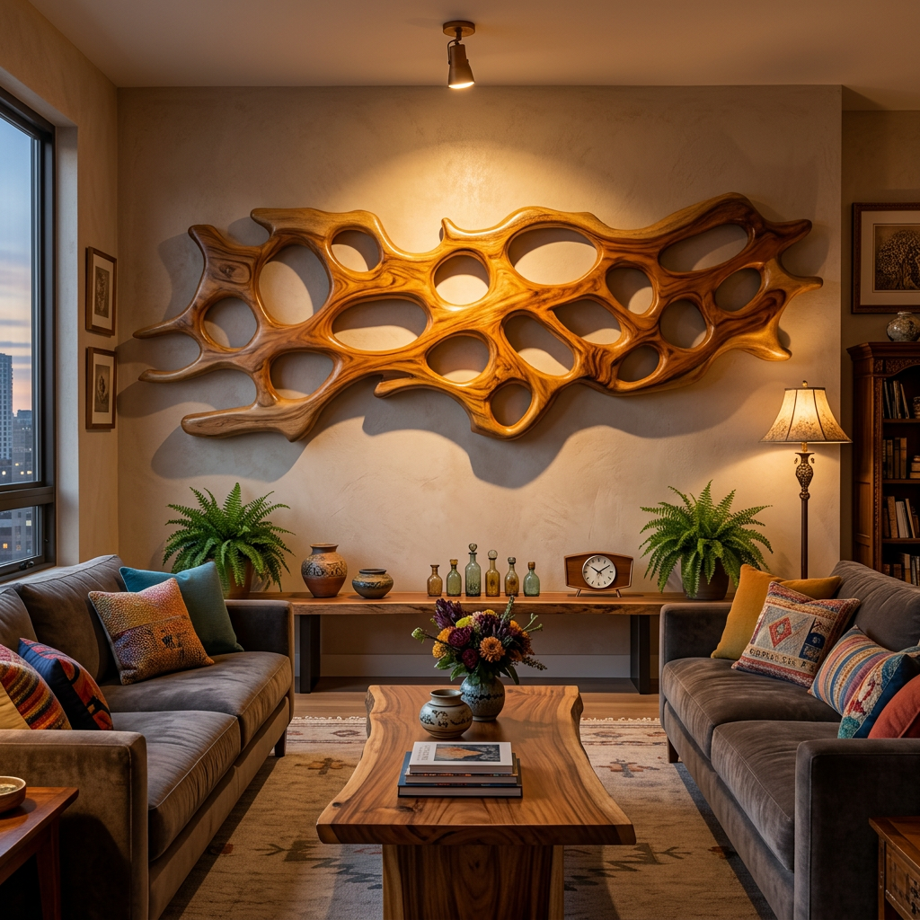 Organic Wall Art Sculpture With Abstract Carving For Living Room