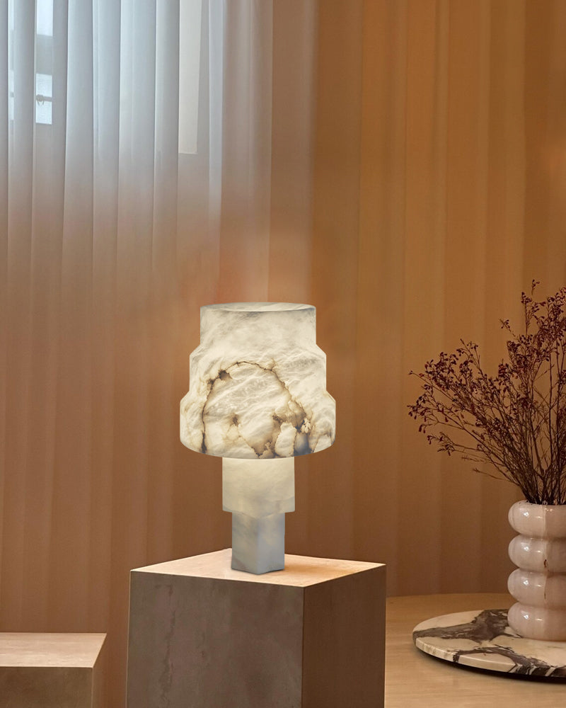 Nature Inspired Cylinder White Alabaster Short Table Lamp 8in for bedroom