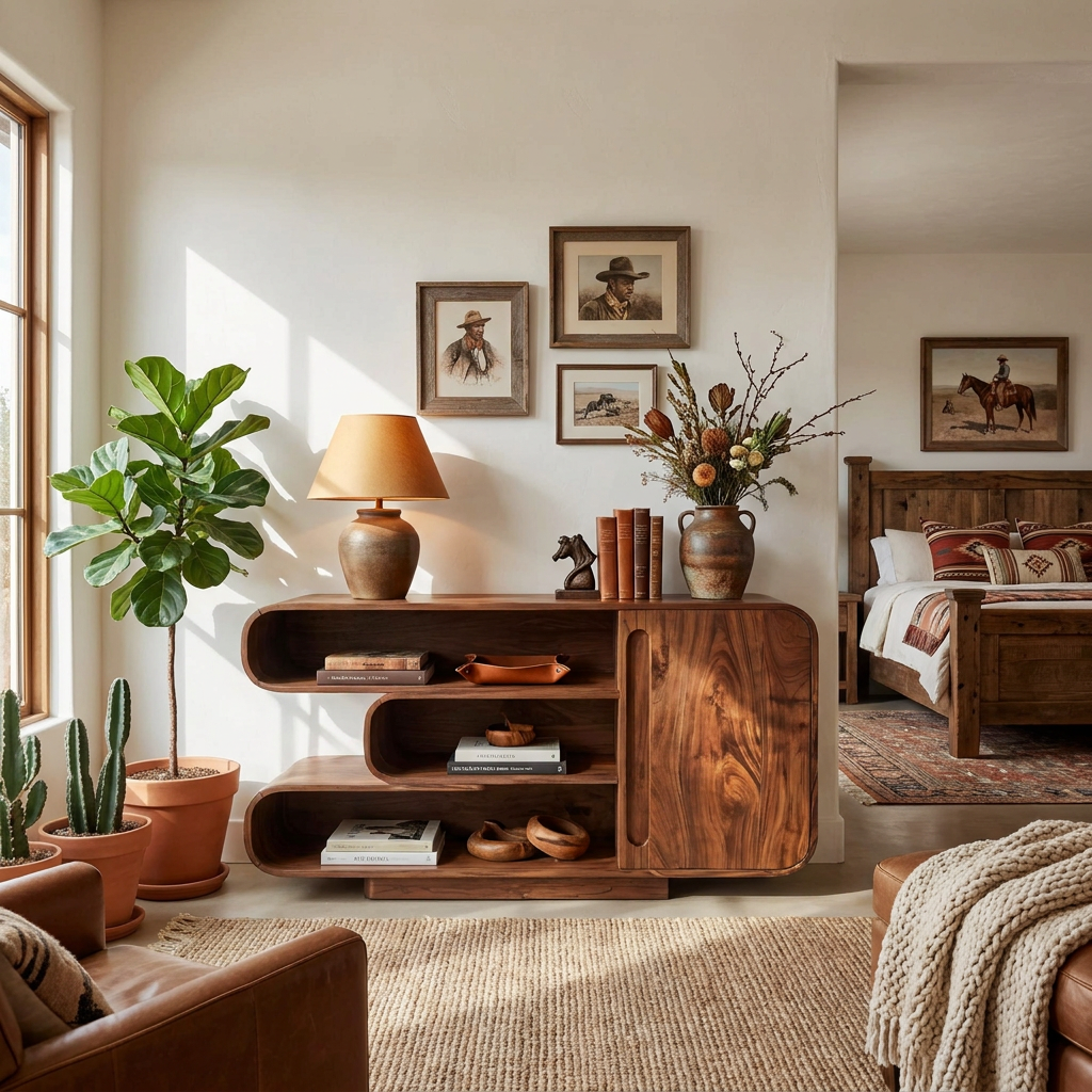 Modern Sideboard With Rounded Corners And Shelves For Living Room